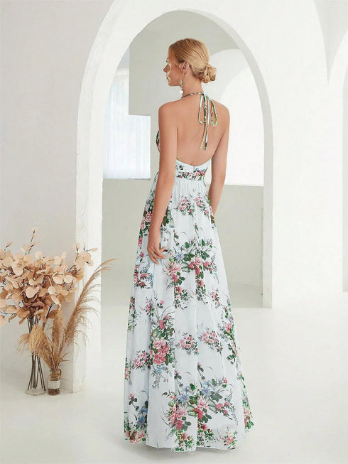 Elegant Flower Print Chiffon Dress for Women - Sexy Halter V Neck Backless Long Summer Fashion Party Dress